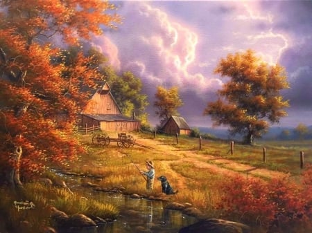 Colorful Fun in Fall - clouds, attractions in dreams, fields, streams, paintings, dog, fall season, boy, colorful, nature, autumn, love four seasons, sky