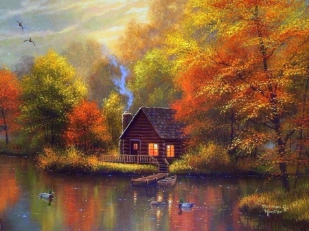 Restful Cottage - attractions in dreams, autumn, trees, colorful, cottages, lakes, nature, love four seasons, ducks, paintings, fall season, boat