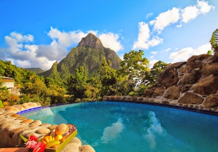 St. Lucia, Caribbean - clouds, water, island, nills, rocks, sky