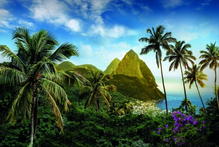 The Pitons, St. Lucia Island, Caribbean - clouds, sea, palmtrees, rocks, sky