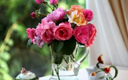 Flowers in the wind - flowers, roses, curtain, vase