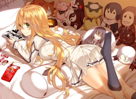 Dies irae - bedroom, book, cute, blond hair, maiden, beautiful, blonde, anime girl, adorable, girl, lay, blond, blonde hair, lady, reading, pillow, read, bed, pretty, kawaii, beauty, sweet, anime, long hair, laying, nice, lovely, female, dolls