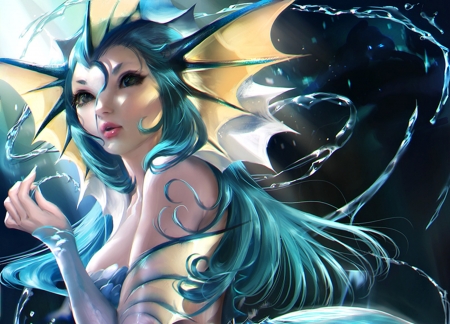 Vaporeon go - water, summer, blue, girl, sakimichan, fantasy, mermaid, woman, vaporeon go, art, vara, luminos