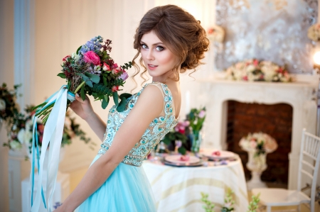 Beauty - blue, dress, girl, room, beauty, flower, bouquet, woman, model