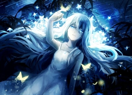 Butterflies - manga, anime, white, blue, girl, butterfly, domik