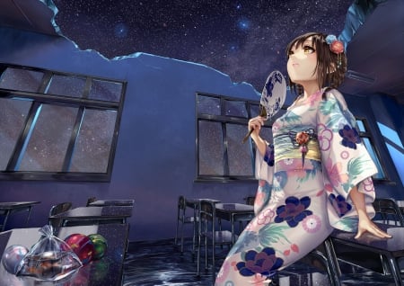 Geisha - anime, geisha, blue, pisuke, girl, fan, kimono, night, pink, manga, white