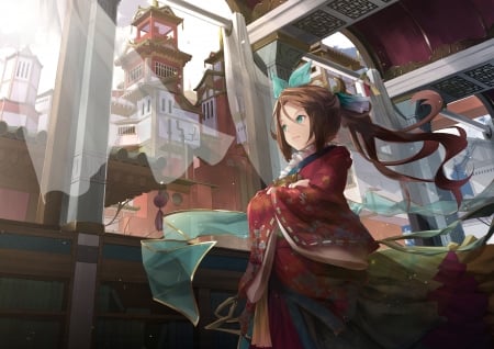 Girl - manga, anime, red, window, kimono, tagme, castle