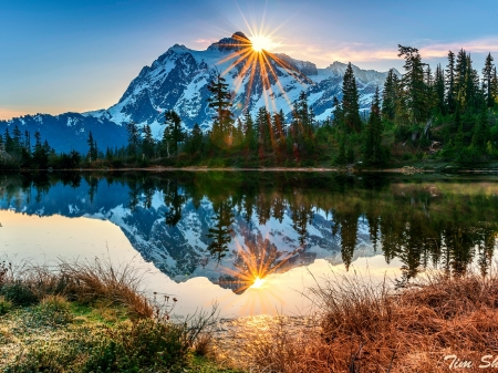 Mount Baker,USA - morning, nature, lake, trees, reflection, sun