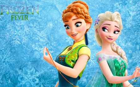 Anna and Elsa - princess, anna, couple, movie, fantasy, queen, yellow, luminos, blue, elsa, snow, fever, disney, green, frozen, sister