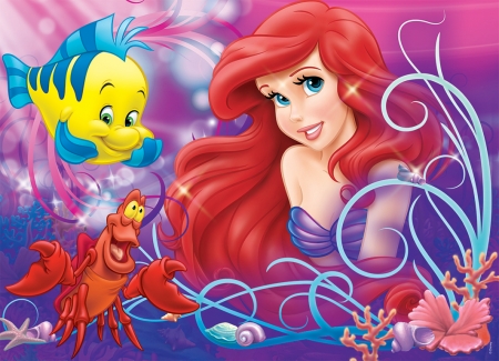 Ariel - yellow, ariel, blue, little mermaid, fantasy, redhead, purple, movie, fish, disney, luminos, fabio