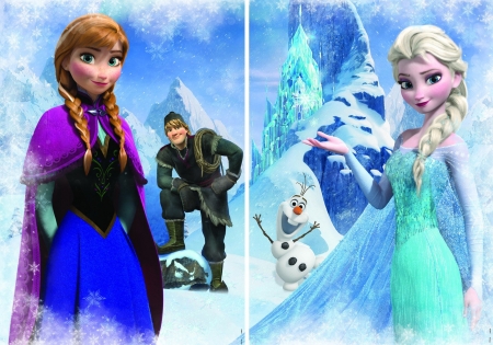 Frozen - snowman, winter, blue, klaus, olaf, collage, pink, snow queen, fantasy, frozen, anna, movie, elsa, disney, luminos