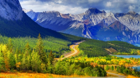 Abraham lake-Canada - slope, autumn, lake, sky, landscape, mountain, hills, trees, path, lovely, rocks, forest, beautiful, grass, cliffs