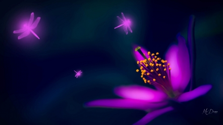 Glow Lily and Dragonflies - bright, glow, neon, abstract, dragonflies, lily, flowers