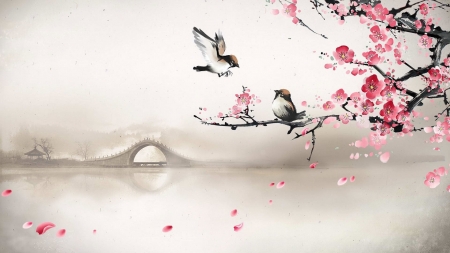 Sakura Blossoms and Birds - blossoms, birds, sakura, cherry blossoms, painting, Chinese, Oriental, bridge