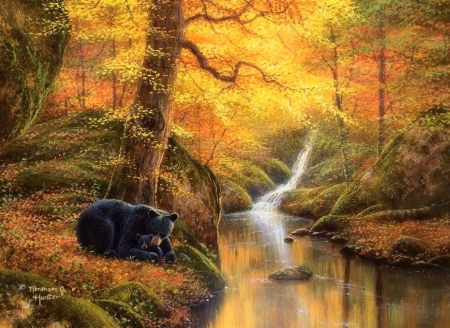 Snuggled Close - waterfalls, attractions in dreams, cub, paintings, fall season, bears, forests, nature, autumn, love four seasons, animals, wildlife