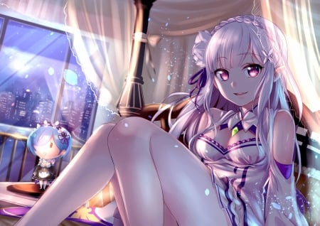 Emilia ~ - magic, female, scene, maiden, night, light, happy, bed, nice, purple hair, house, hot, beauty, bedroom, cute, sexy, anime, kawaii, long hair, magical, home, purple, gorgeous, plain, hd, anime girl, beautiful, girl, simple, lovely, sweet, fantasy, smile, adorable