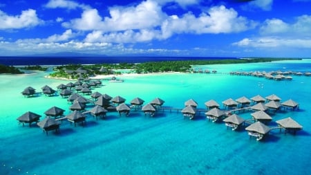 Bora Bora Island - sky, clouds, water, huts, sea