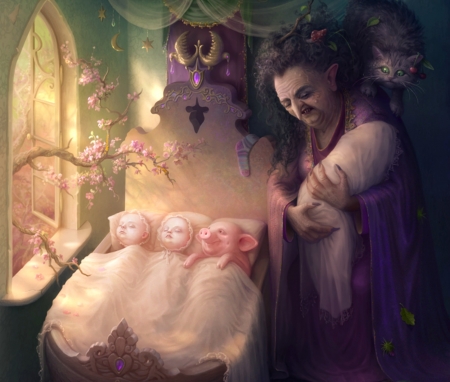 Changeling - children, pink, copil, child, changeling, purple, art, luminos, cornacchiaart, tale, cornacchia art, old woman, baby, cat, cornacchia-art, piglet, witch, fantasy, pisica