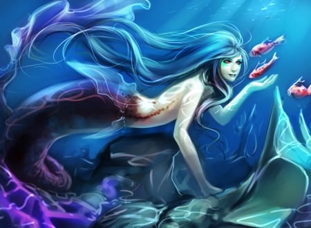 Mermaid - girl, pink, tail, fantasy, mermaid, underwater, woman, fish, luminos