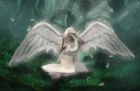 Angel - girl, feather, beauty, frumusete, fantasy, white, green, rendering, wings, luminos