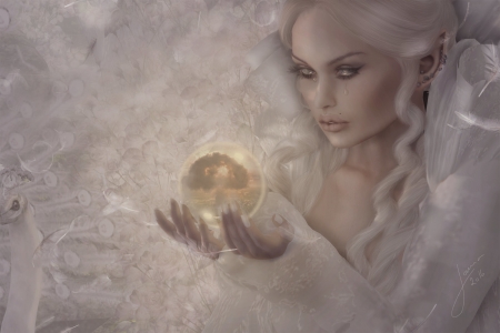 Tears - beauty, rendering, tears, girl, frumusete, ball, goddess, fantasy, white, hand, luminos, tree, golden