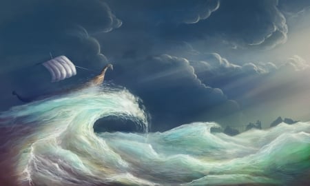 Storm - summer, ship, blue, art, fantasy, storm, wave, sea, luminos, vara