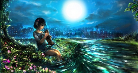 Moonlight - moon, realistic, pixiv, cat, girl, light, night, water, pisica, luminos, anime, luna, flower, manga