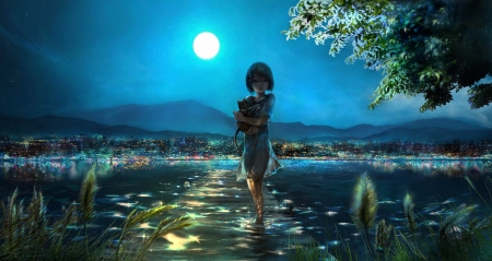 Moonlight - moon, anime, water, realistic, girl, pixiv, night, cat, manga, pisica, luminos, luna