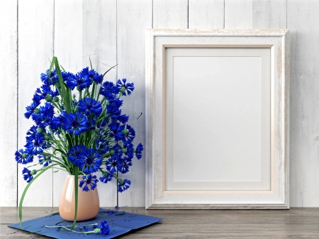 Cornflowers - white, blue, cornflower, bouquet, flower, frame, vase