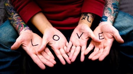 Love - tattoo, hand, red, word, card, love