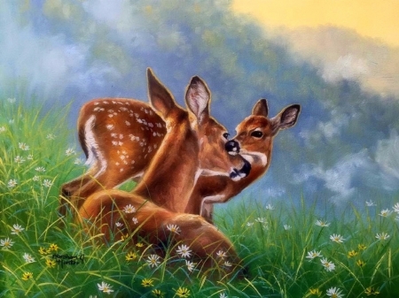 ..Snuggle Meadows.. - animals, draw and paint, summer, meadow, fawn, deer, snuggle, love four seasons, flowers, paintings