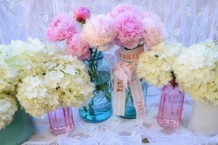 ✿⊱•╮In Vintage Jars╭•⊰✿ - jars, photography, spring, hydrangeas, pink, peonies, flowers, lovely still life, nature, beloved valentines, vintage, chic, love four seasons, pastel