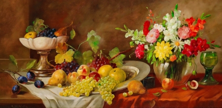 Still life with flowers and fruits - hat, pretty, vase, summer, plenty, beautiful, lovely, still life, bouquet, flowers, colorful, autumn, painting, fruits, art