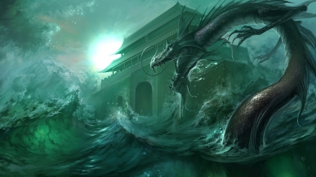 Water dragon - moon, water, sea, fantasy, dragon, green, temple, wave, luminos