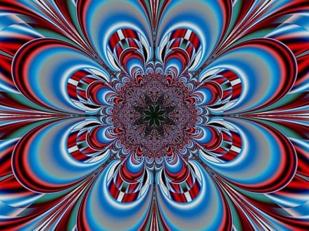 Blue and Red Flower - red, floral, fractal, blue