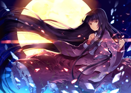 Houraisan Kaguya - moon, anime, blue, houraisan kaguya, girl, sunakumo, night, petals, manga, wind, touhou, purple