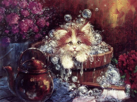 Bubbly bath - water, bath, cat, pictura, pisica, kitten, funny, painting, bubbles, cute, art