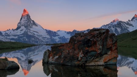 Mountain Reflections - lake, water, sunset, peaks, rocks