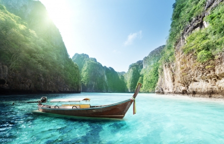 Pitcairn Island - boat, cliffs, sunshine, sun, sky