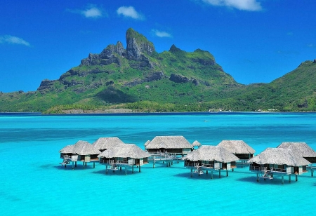 Tahiti, Les Meridian - sky, mountain, huts, sea, rocks