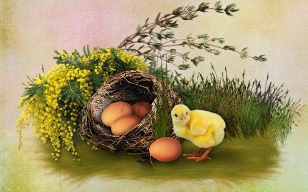 Cute artistic chick - chick, flowers, basket, eggs, grass