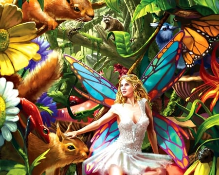 Fairy - squirrel, girl, fantasy, bird, white, butterfly, luminos, blue, animal, orange, green, fairy, winga, flower