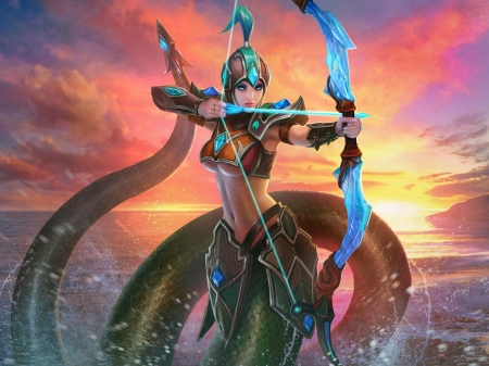 Naga Kertana - woman, girl, archer, game, creature, juggernaut wars, blue, orange, naga kertana, sea, arrow