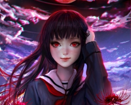 Jigoku Shoujo - girl, jigoku shoujo, sangrde, face, red eyes, art, purple, pink, blue, luminos, anime, manga