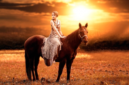 Waiting for the night to come - alessandro di cicco, animal, sunset, woman, model, girl, orange, horse