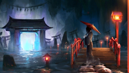 Raining - hirokima, girl, rain, night, art, lantern, red, blue, umbrella, anime, temple, manga