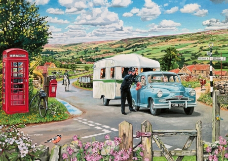 On the road - trevor mitchell, police, road, painting, art, car, red, vintage, blue, pictura, green, bobbys beat, retro