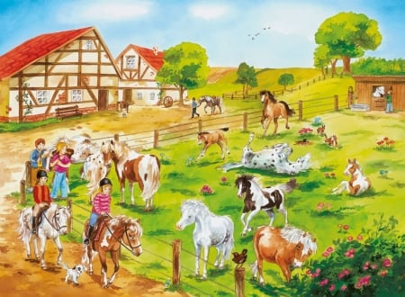 At the farm - children, horse, child, pictura, animal, red, green, painting, farm, art