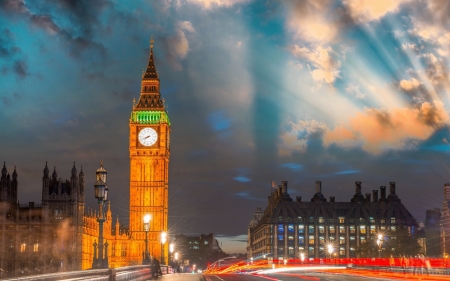 Storm over Westminster, London - sky, sunlight, big ben, clouds, bridge