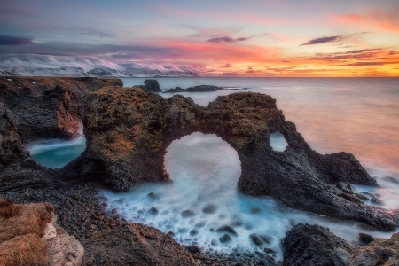 Snaefelsnes, Iceland - arch, sky, colors, sea, rocks